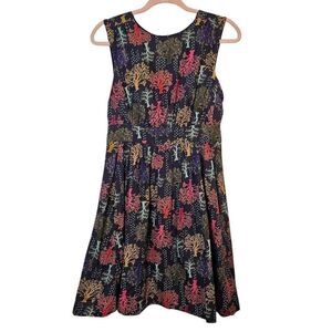 Emily and Fin modest navy blue with colorful tree printed cotton dress. Size S.